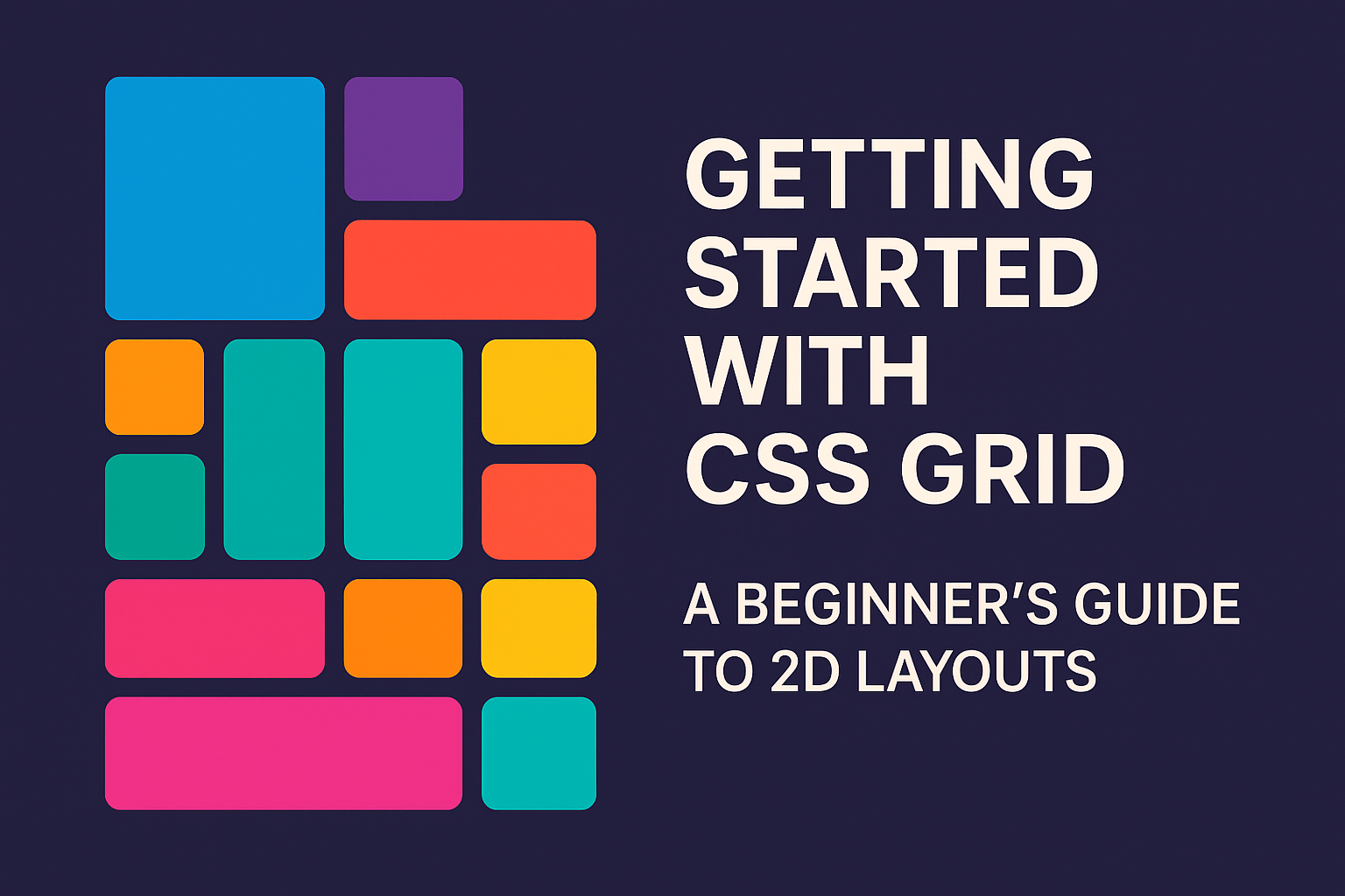 Flat-design digital illustration introducing CSS Grid fundamentals, featuring icons for grid containers, tracks, and layout structures.