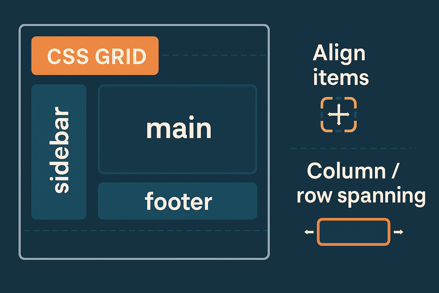 Stylized 2D illustration visualizing advanced CSS Grid techniques like alignment, named grid areas, and spanning elements across rows and columns.